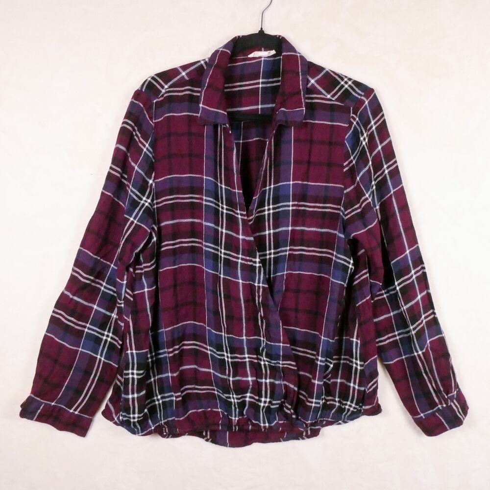 beachlunchlounge Burgundy Blue Plaid Wrap Shirt Size L Collared Boho Cabincore